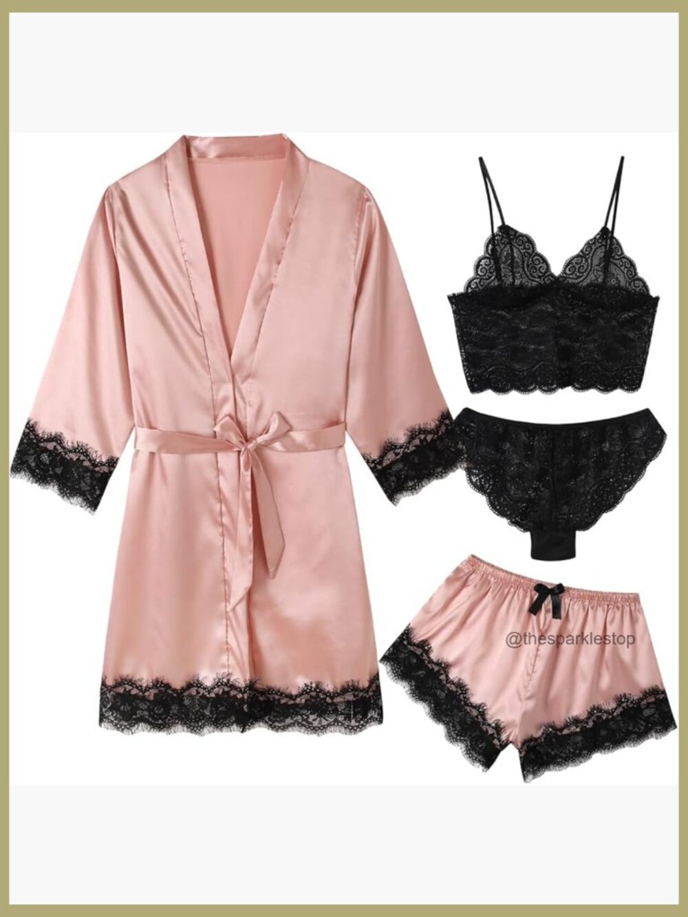 Satin Silk Lace Lingerie Robe Set 4Pcs Sleepwear Pajamas